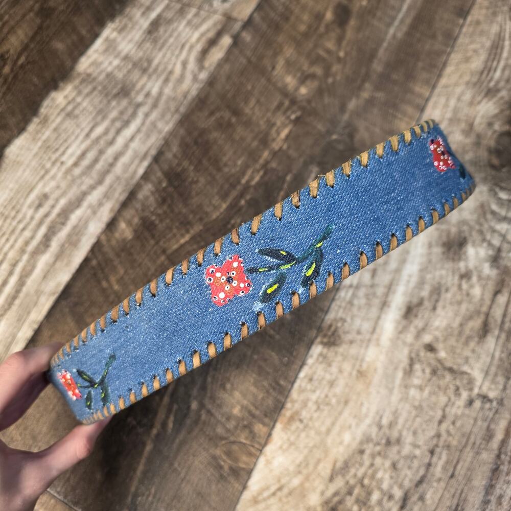 Vintage Denim Leather Belt Whipstitch Floral Embroidered Wide Belt Boho 30 - Picture 3 of 11